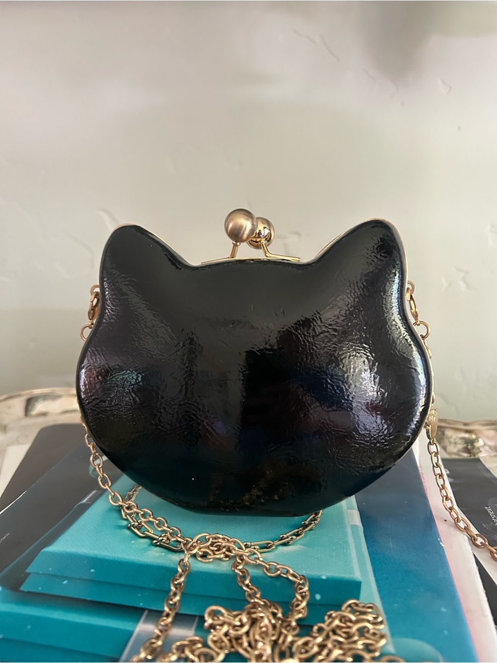 Betsey Johnson Black Patent Cat-Shaped Mini Crossbody with Gold Chain